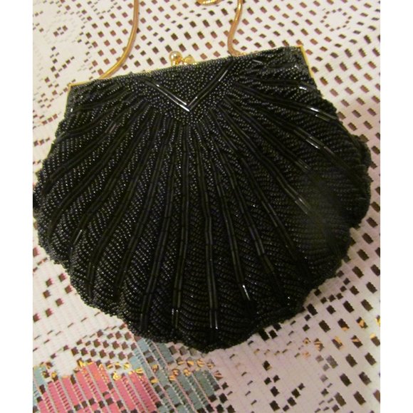 Retro Vintage Black Satin Beaded Clamshell Evening Clutch/Purse/Hand Bag - Picture 9 of 9